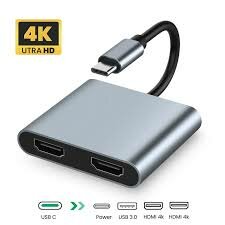 4 in 1 USB C to Dual HDMI Adapter PD Charge 4K USB 3.0 Type C HUB Converter Port 