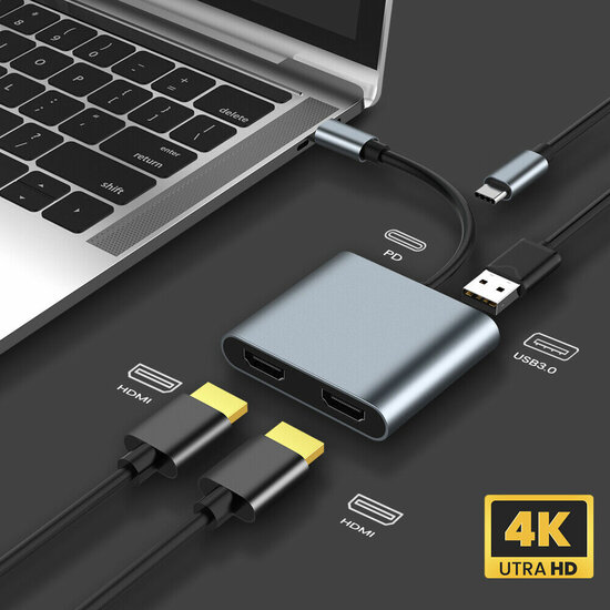 4 in 1 USB C to Dual HDMI Adapter PD Charge 4K USB 3.0 Type C HUB Converter Port 